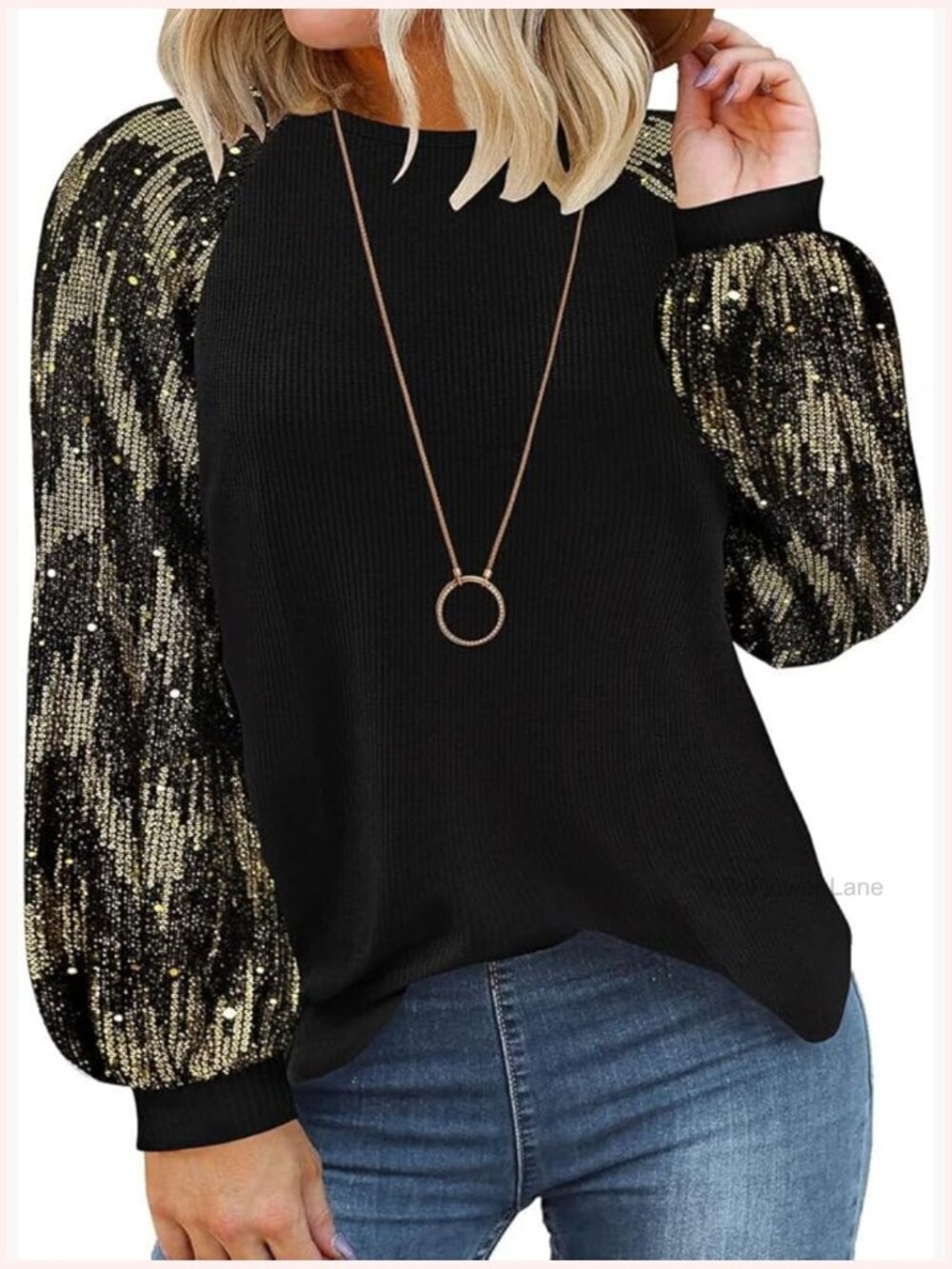 Plus Size Puff Long Sleeve Lace Top Crewneck Waffle Tee Blouse Tunic